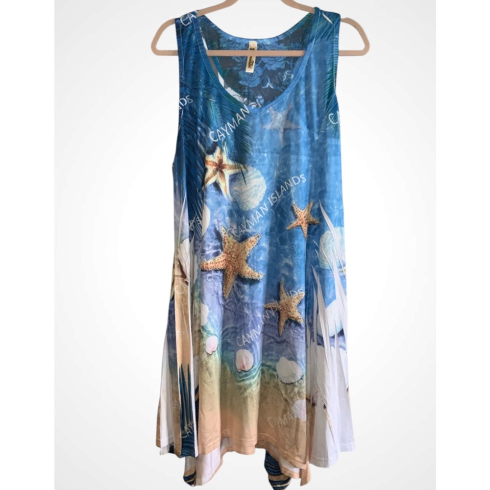 Shoreline Blue & Tan Cayman Islands Starfish Sleeveless Razorback Dress L/XL
